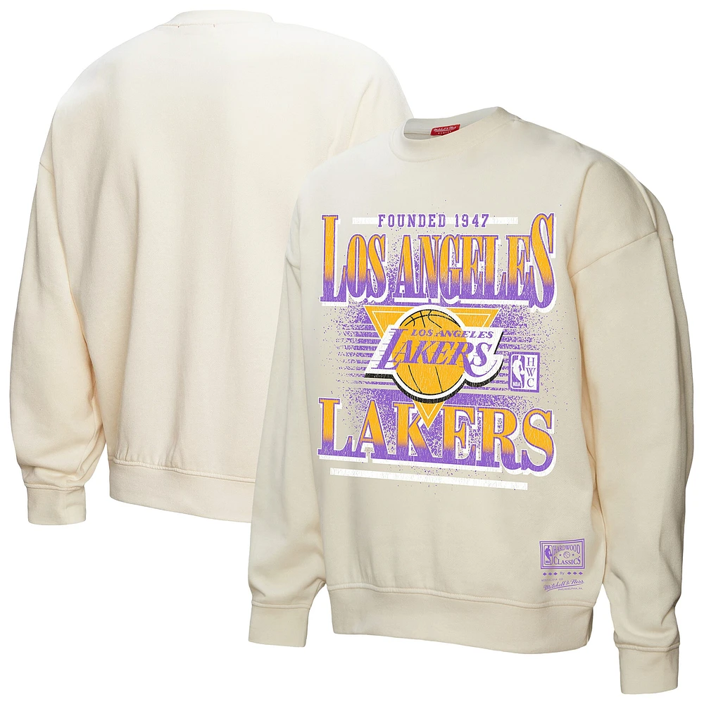 Women's Mitchell & Ness Cream Los Angeles Lakers Oversprayed Pullover Sweatshirt