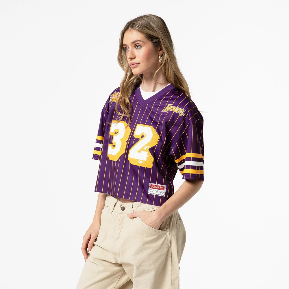 Women's Mitchell & Ness x DANNIJO Magic Johnson Purple Los Angeles Lakers Cropped Football Fashion Jersey