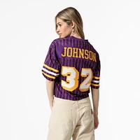 Women's Mitchell & Ness x DANNIJO Magic Johnson Purple Los Angeles Lakers Cropped Football Fashion Jersey