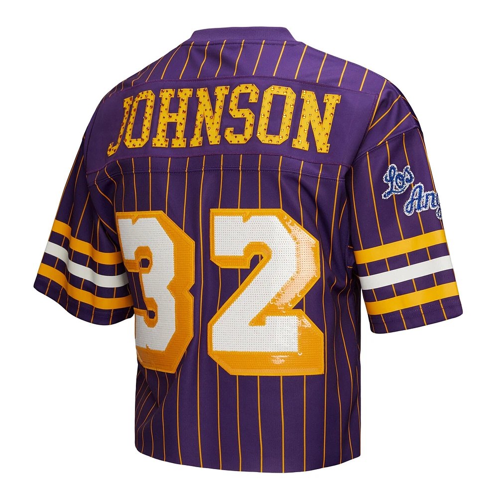 Women's Mitchell & Ness x DANNIJO Magic Johnson Purple Los Angeles Lakers Cropped Football Fashion Jersey
