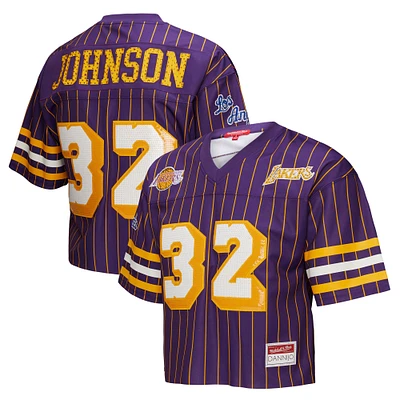 Women's Mitchell & Ness x DANNIJO Magic Johnson Purple Los Angeles Lakers Cropped Football Fashion Jersey