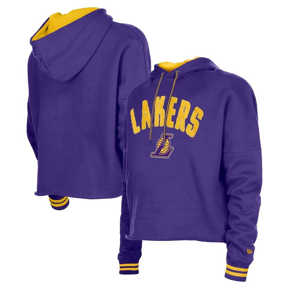 Women's New Era  Purple Los Angeles Lakers Boxy Raw Edge Pullover Hoodie