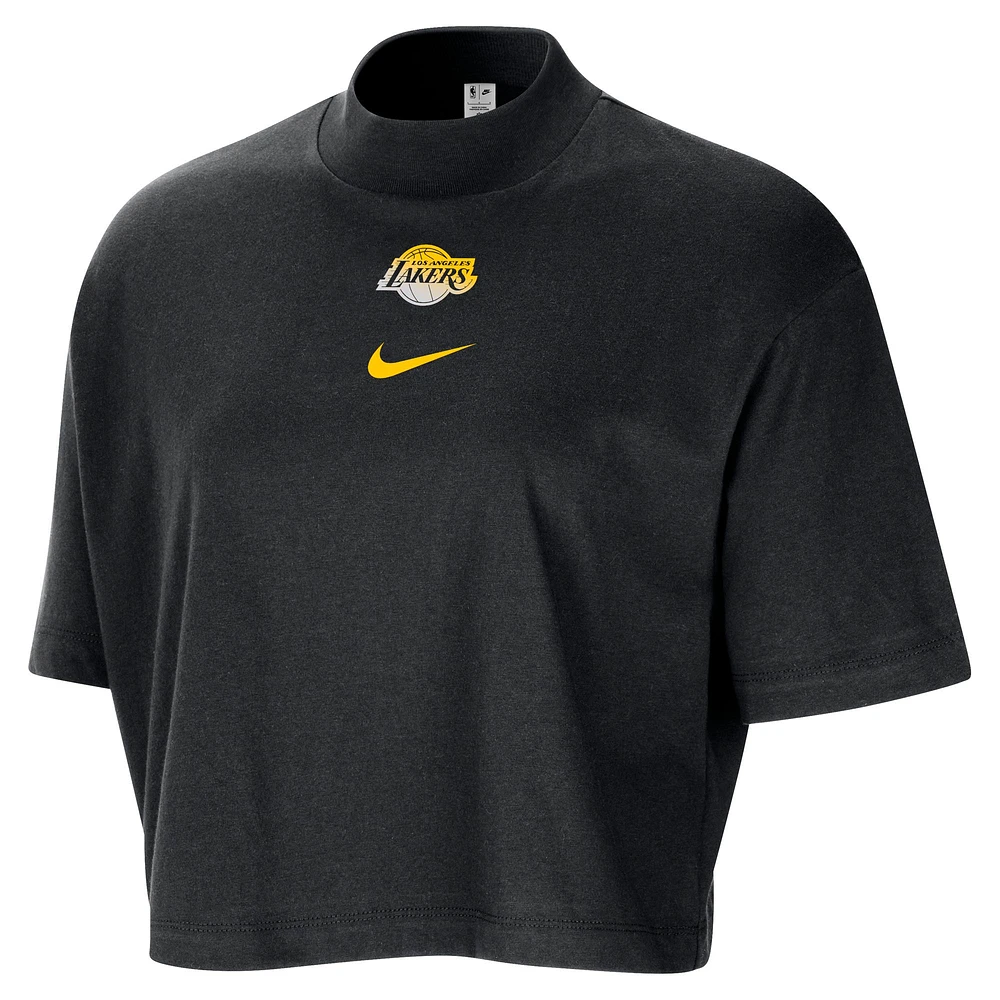 Women's Nike Black Los Angeles Lakers Courtside Mock Neck Loose Fit Cropped T-Shirt