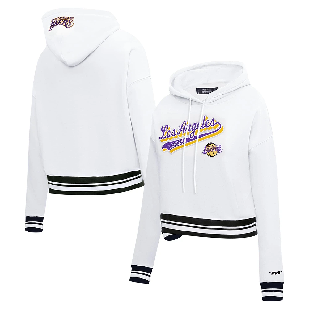 Women's Pro Standard White Los Angeles Lakers Script Tail Cropped Pullover Hoodie