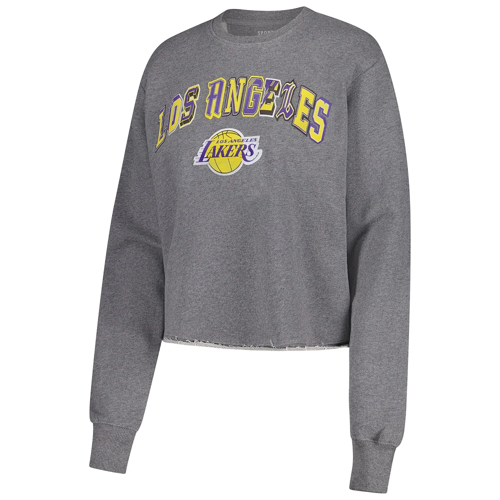 Women's Sportiqe  Heather Gray Los Angeles Lakers Varsity Collection Kacey Cropped Pullover Sweatshirt