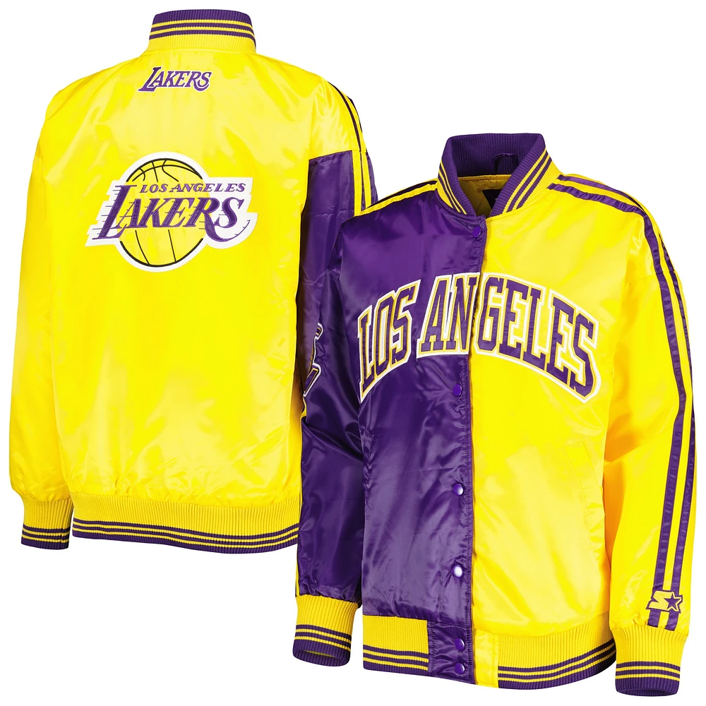 Veste universitaire violette/dorée Los Angeles Lakers fendue en satin color block à boutons-pression pour femme