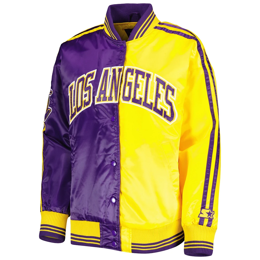 Veste universitaire violette/dorée Los Angeles Lakers fendue en satin color block à boutons-pression pour femme