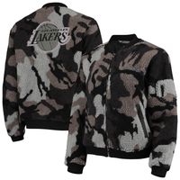 Women's The Wild Collective Black Los Angeles Lakers Camo Sherpa Full-Zip Bomber Jacket