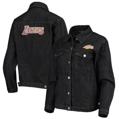 Women's The Wild Collective Black Los Angeles Lakers Patch Denim Button-Up Jacket