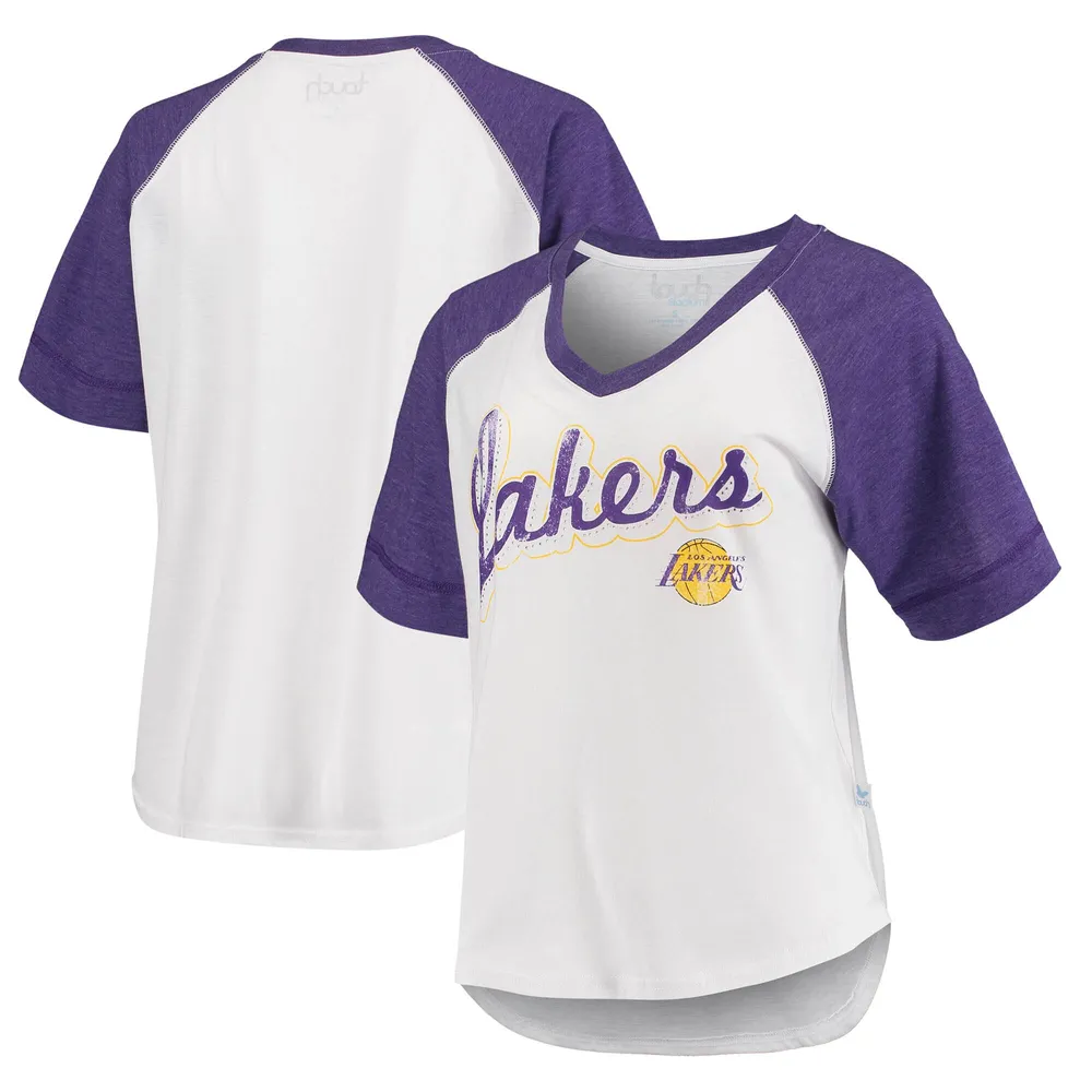 Women's Touch White/Purple Los Angeles Lakers Around The Horn Rhinestone Raglan Tri-Blend V-Neck T-Shirt Size: Small
