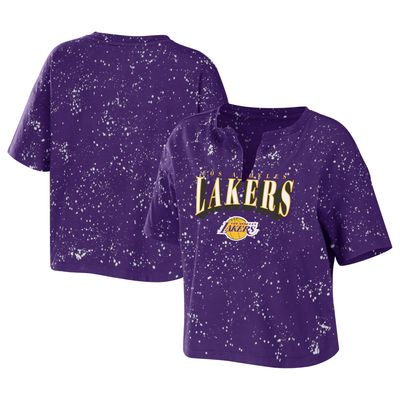 Women's WEAR by Erin Andrews Purple Los Angeles Lakers Bleach Splatter Notch Neck T-Shirt