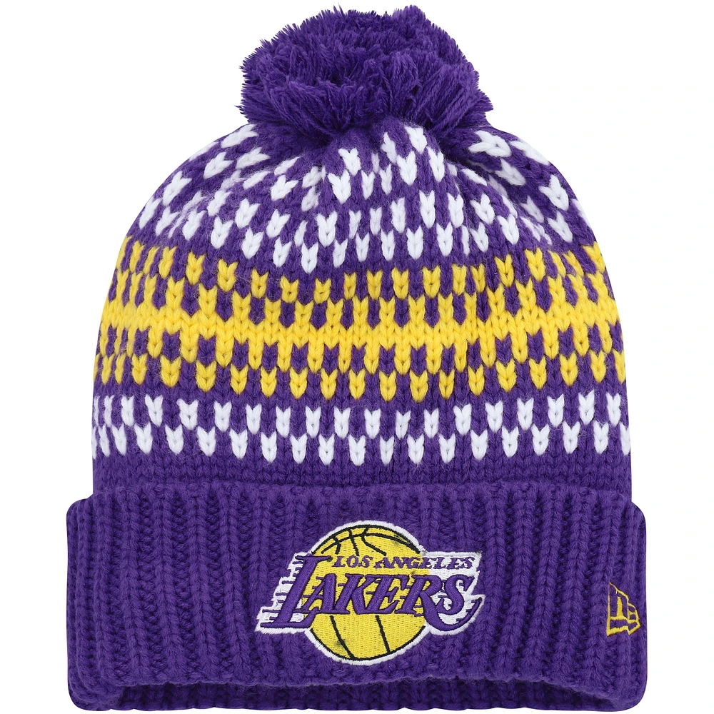 Bonnet en tricot confortable à revers pour jeunes Los Angeles Lakers New Era violet avec pompon