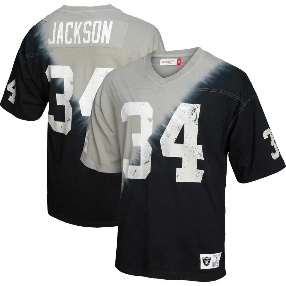 T-shirt à encolure en V pour homme Mitchell & Ness Bo Jackson Silver/Black Los Angeles Raiders Retired Player Name Number Diagonal Tie-Dye