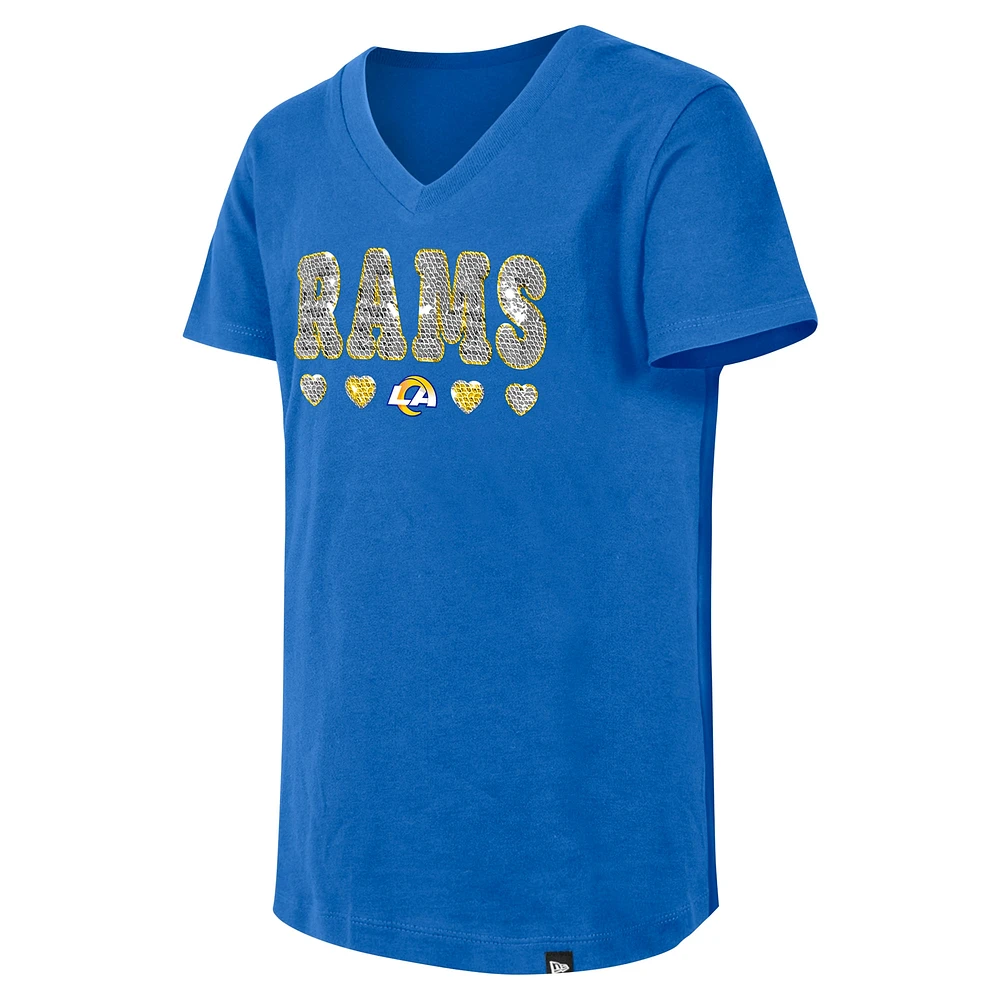 Girls Youth New Era Royal Los Angeles Rams Flip Sequin V-Neck T-Shirt