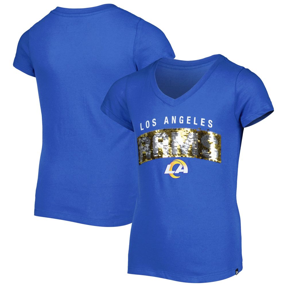 Girls Youth New Era Royal Los Angeles Rams Reverse Sequin Wordmark V-Neck T-Shirt