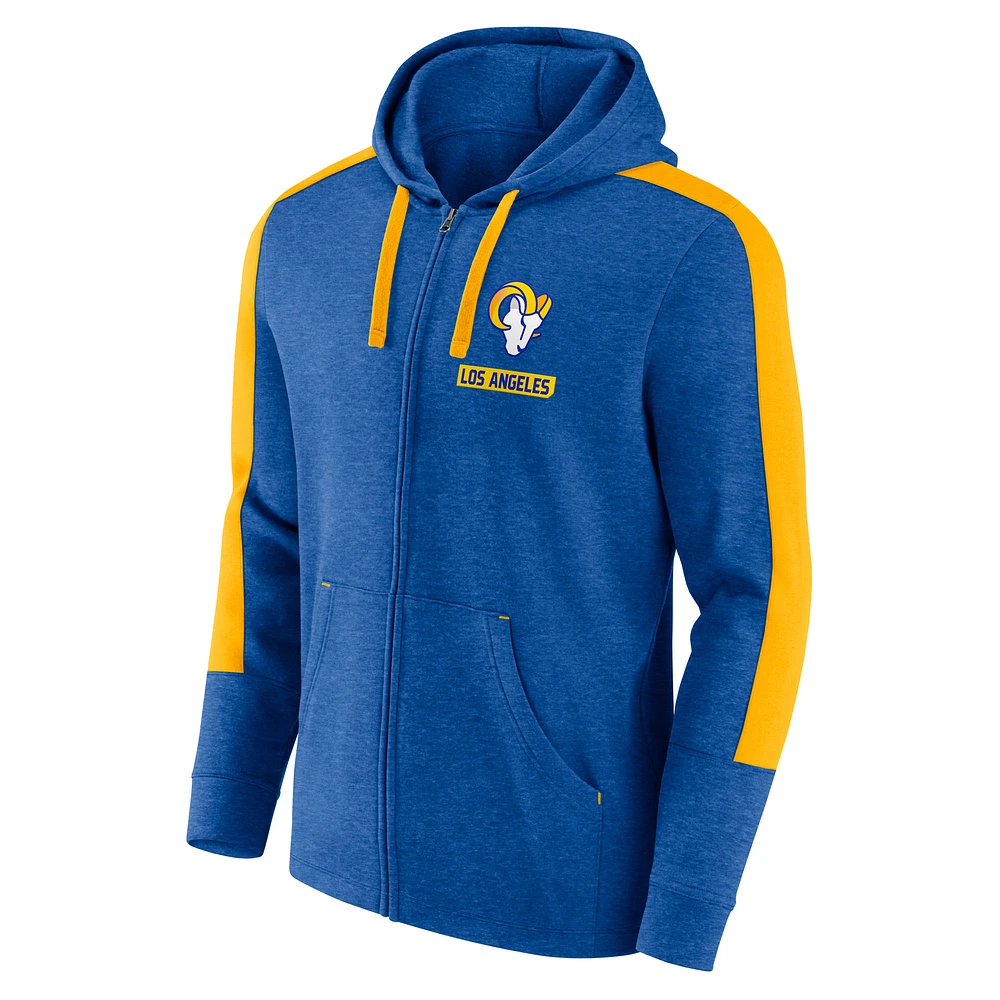 Sweat à capuche zippé intégral Fanatics Heather Royal Los Angeles Rams Gains pour hommes