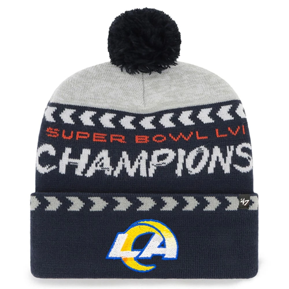 Bonnet en tricot à revers avec pompons Los Angeles Rams Super Bowl LVI Champions '47 gris/bleu marine pour homme