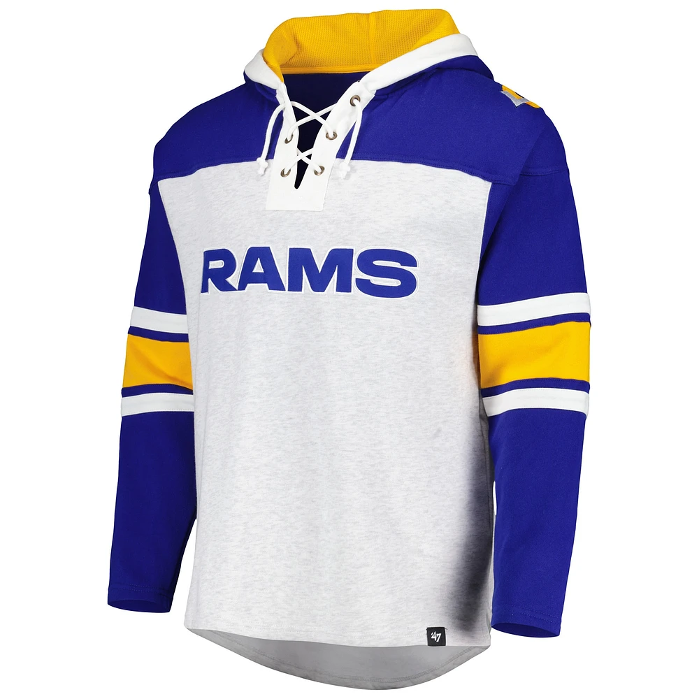 Men's '47 Los Angeles Rams Heather Gray Gridiron Lace-Up Pullover Hoodie