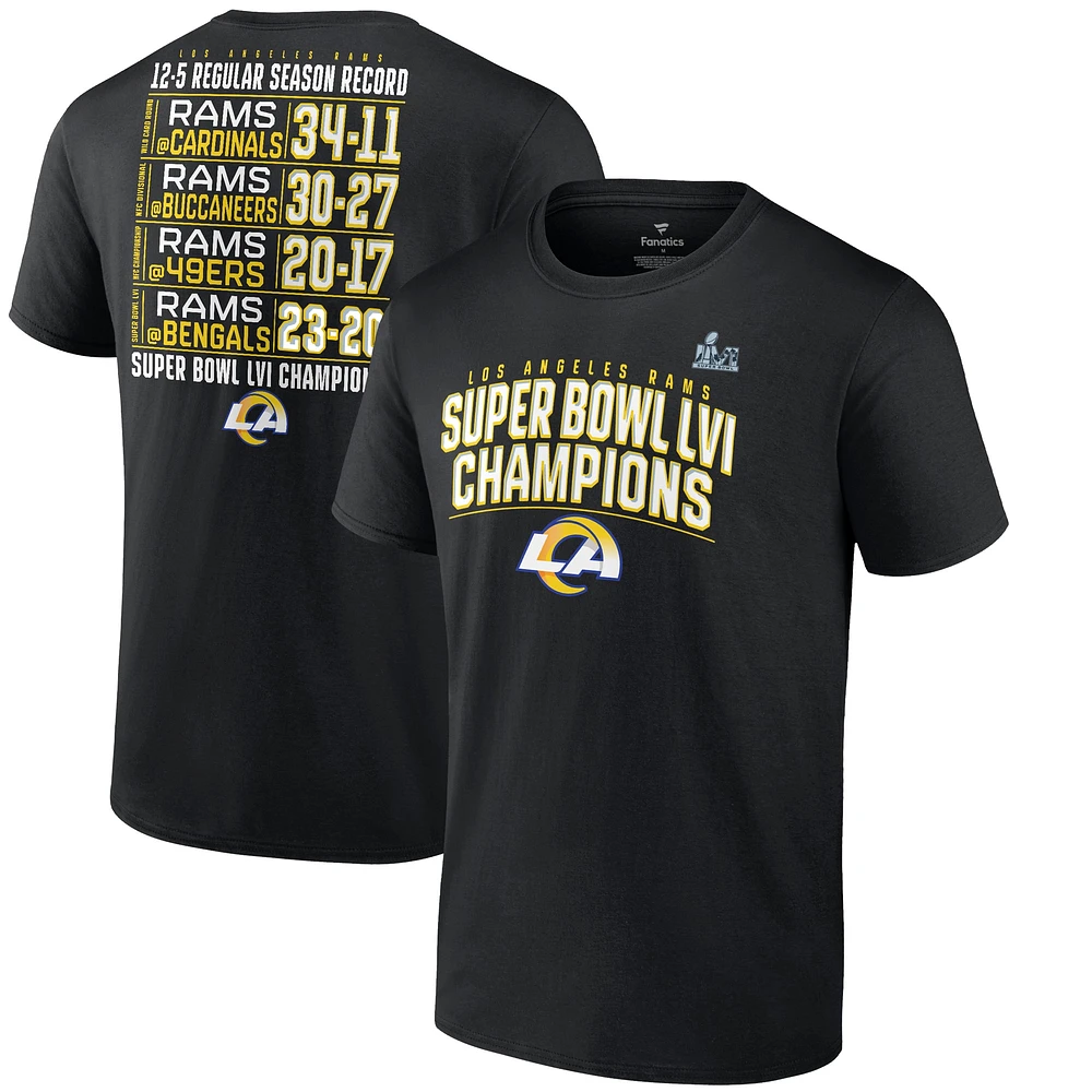 T-shirt noir Fanatics pour hommes des Rams de Los Angeles Super Bowl LVI Champions Big & Tall Schedule