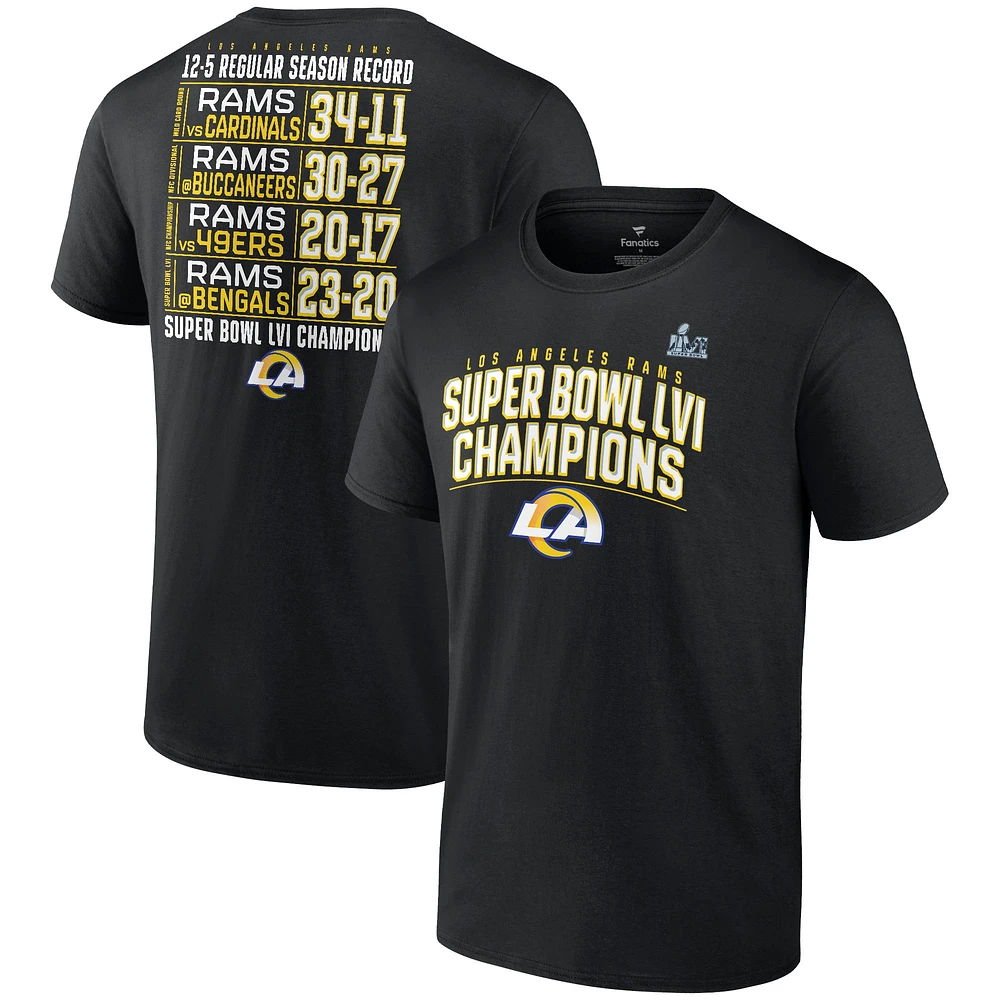 T-shirt noir fanatiques pour hommes des Rams de Los Angeles Super Bowl LVI Champions Schedule