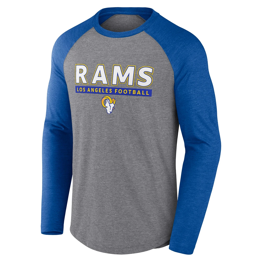 T-shirt à manches longues raglan tri-mélangé Fanatics pour hommes gris chiné/royal Los Angeles Rams