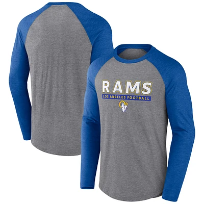 T-shirt à manches longues raglan tri-mélangé Fanatics pour hommes gris chiné/royal Los Angeles Rams