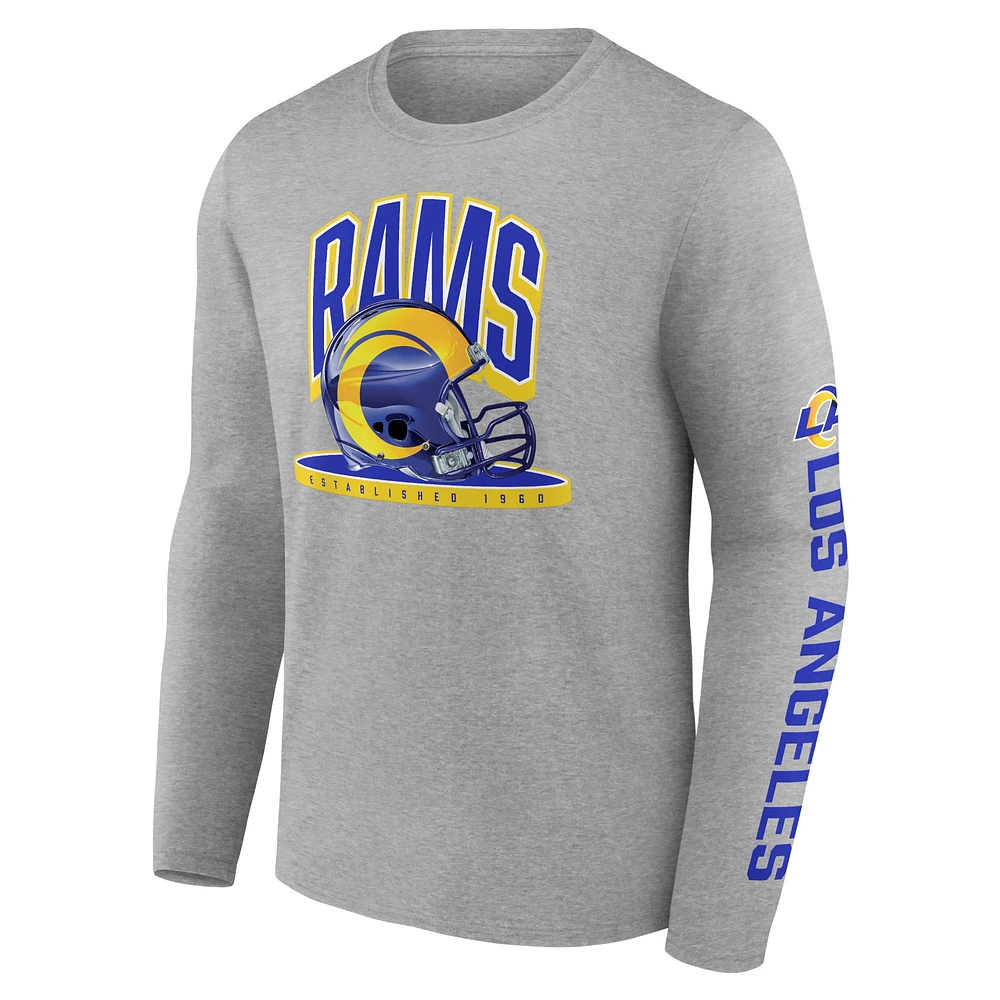 T-shirt à manches longues avec plateforme de casque Los Angeles Rams Fanatics gris chiné pour hommes