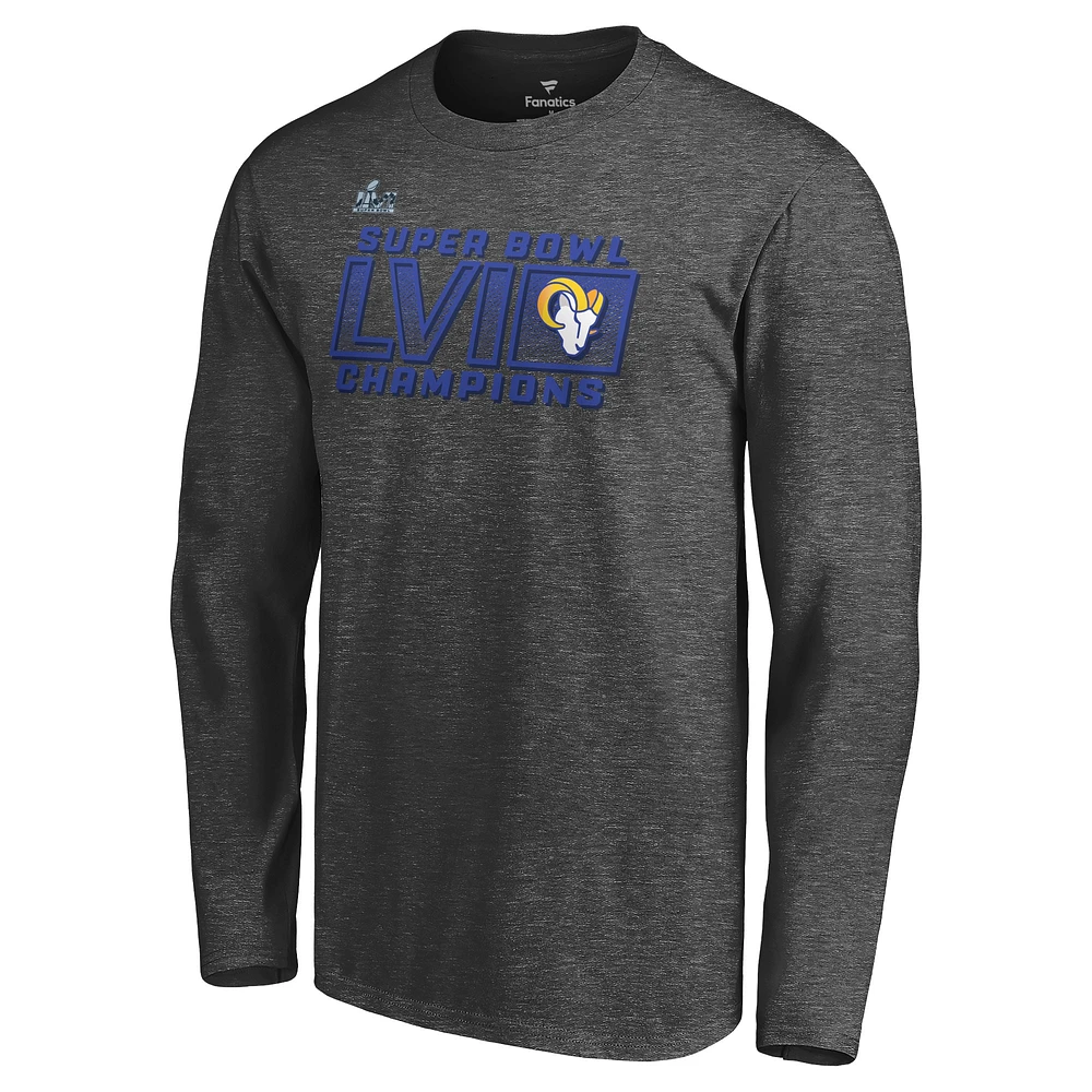 T-shirt à manches longues Fanatics Heathered Charcoal Los Angeles Rams Super Bowl LVI Champions Fumble pour hommes