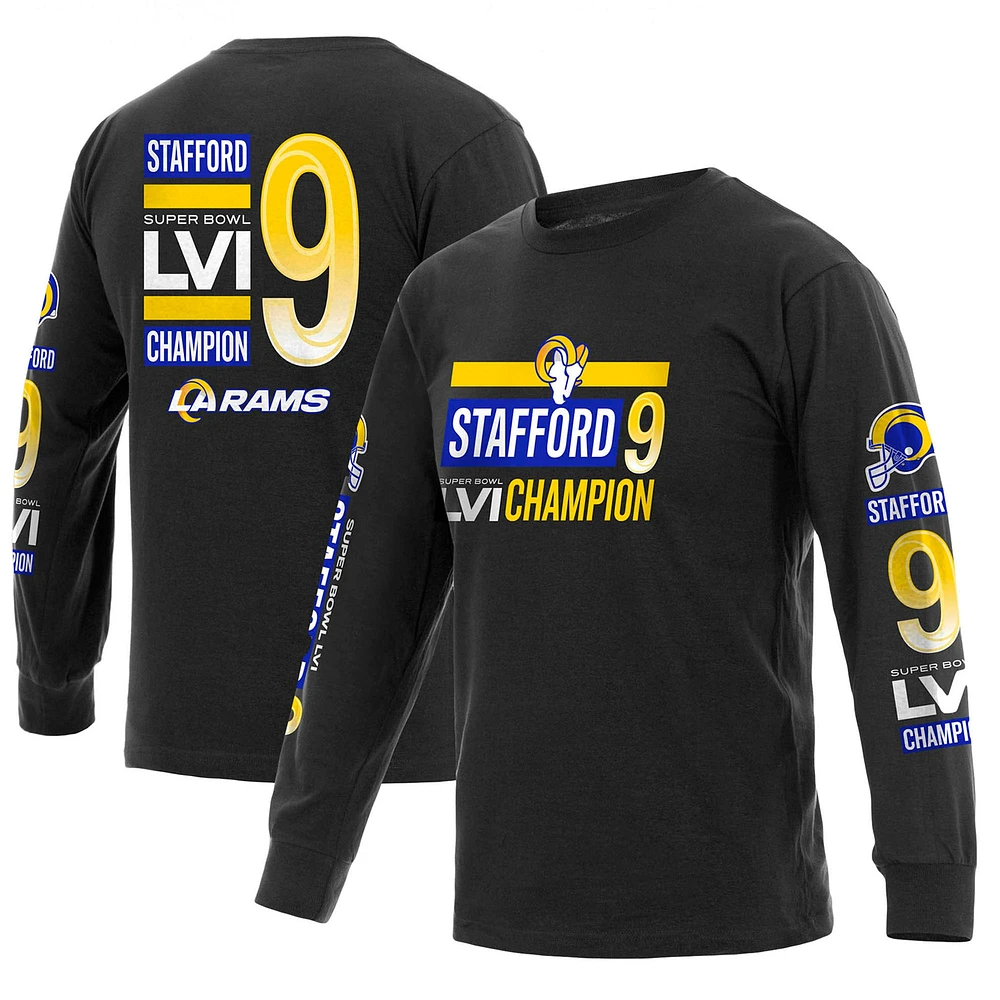 Fanatics pour hommes Matthew Stafford noir Los Angeles Rams Super Bowl LVI Champions nom et numéro du joueur T-shirt à manches longues