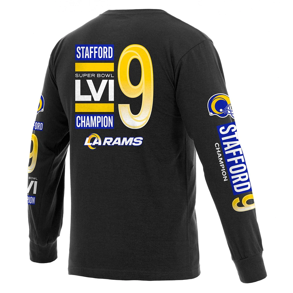 Fanatics pour hommes Matthew Stafford noir Los Angeles Rams Super Bowl LVI Champions nom et numéro du joueur T-shirt à manches longues