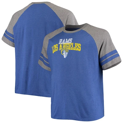 T-shirt raglan à trois mélanges deux bandes Fanatics Royal/Heathered Grey pour hommes des Los Angeles Rams Big & Tall