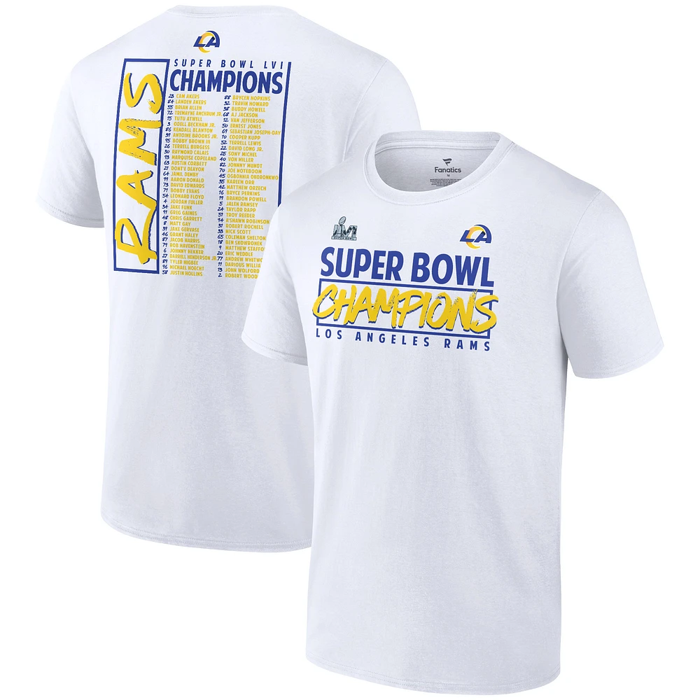 T-shirt blanc fanatiques pour hommes des Rams de Los Angeles Super Bowl LVI Champions Stacked Roster