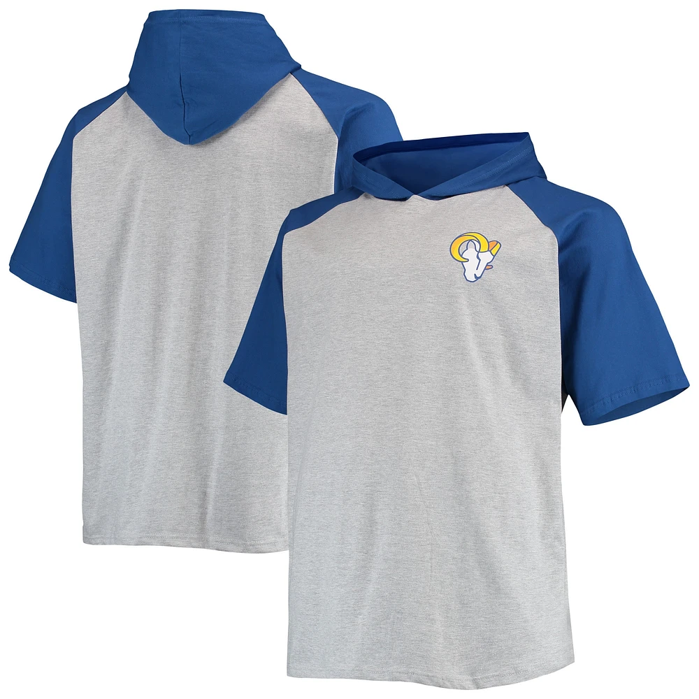 Sweat à capuche manches courtes raglan pour hommes, gris chiné/royal, Los Angeles Rams Big & Tall