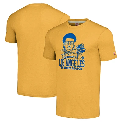 Men's Homage  Eric Dickerson Heathered Gold Los Angeles Rams Caricature Retired Player Tri-Blend T-Shirt