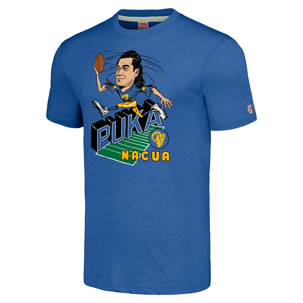 Men's Homage Puka Nacua Royal Los Angeles Rams Caricature Player Tri-Blend T-Shirt