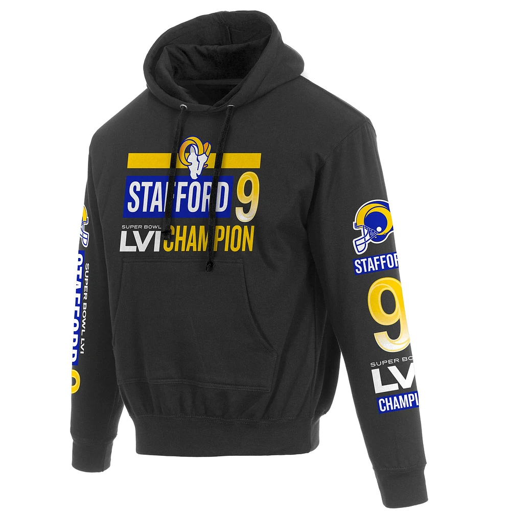 Sweat à capuche JH Design Matthew Stafford pour hommes, noir, Los Angeles Rams, Super Bowl LVI Champions, nom et numéro du joueur