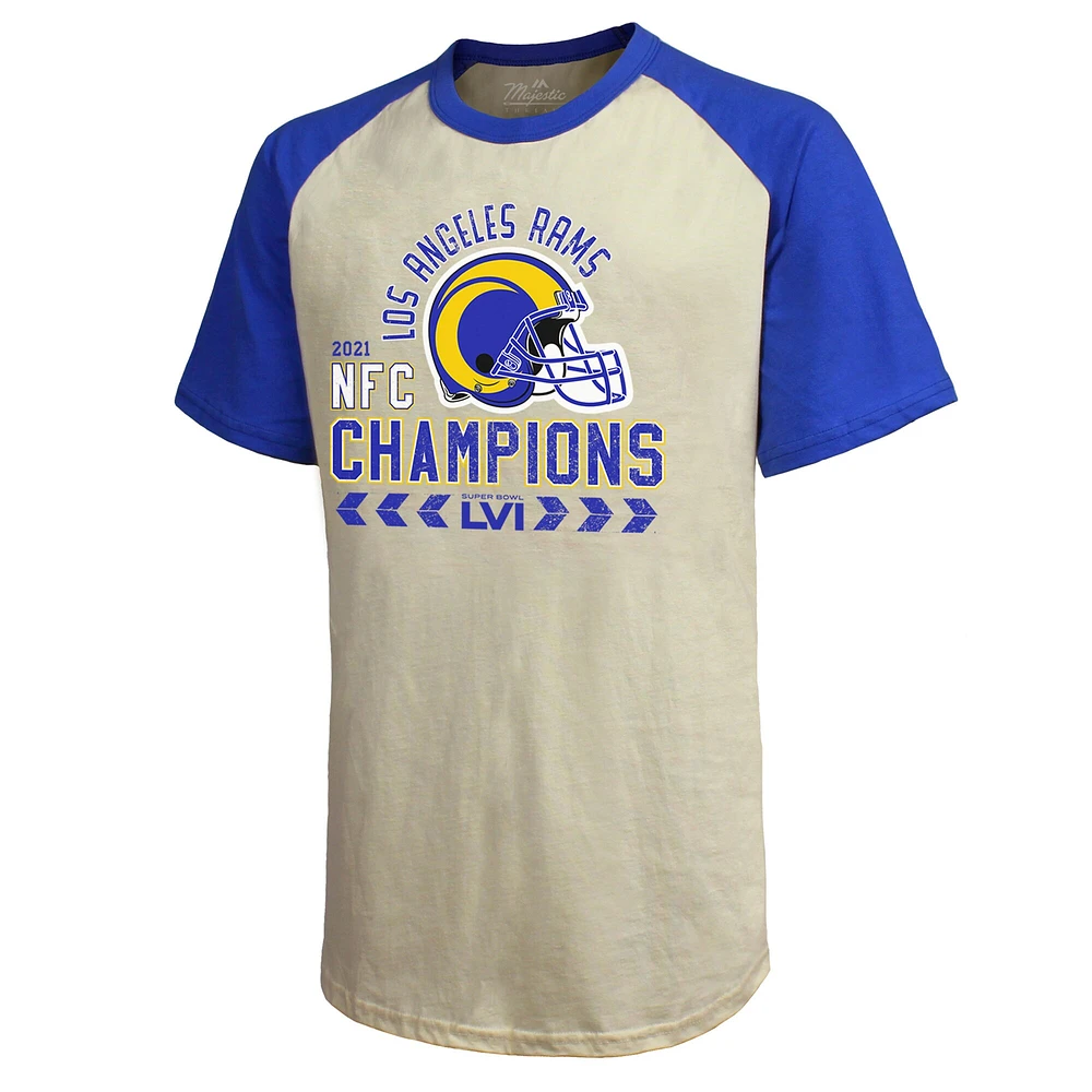 Men's Majestic Threads Cream/Royal Los Angeles Rams 2021 NFC Champions Raglan T-Shirt