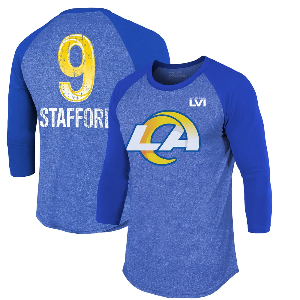 Men's Majestic Threads Matthew Stafford Royal Los Angeles Rams Super Bowl  LVI Name & Number Raglan 3/4 Sleeve T-Shirt