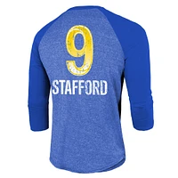 T-shirt Majestic Threads Matthew Stafford Royal Los Angeles Rams Super Bowl LVI pour hommes avec nom et numéro raglan à manches 3/4