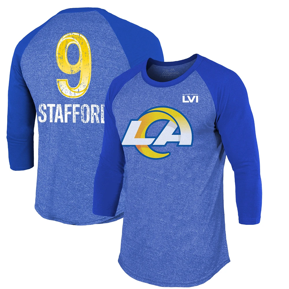 T-shirt Majestic Threads Matthew Stafford Royal Los Angeles Rams Super Bowl LVI pour hommes avec nom et numéro raglan à manches 3/4