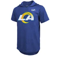 Men's Majestic Threads Matthew Stafford Royal Los Angeles Rams Super Bowl LVI Name & Number Short Sleeve Hoodie T-Shirt