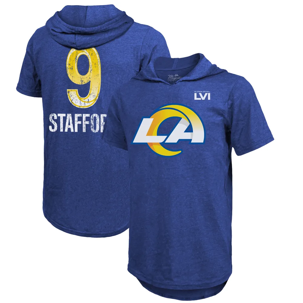 Majestic Threads pour homme Matthew Stafford Royal Los Angeles Rams Super Bowl LVI Nom et numéro T-shirt à capuche manches courtes