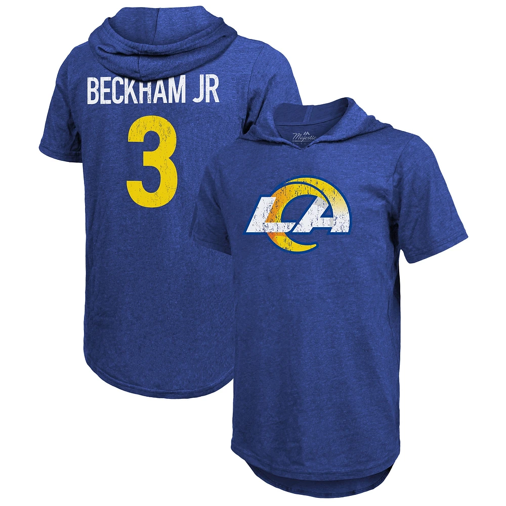 T-shirt à capuche tri-mélange avec nom et numéro du joueur Majestic Threads Odell Beckham Jr. Royal Los Angeles Rams pour hommes