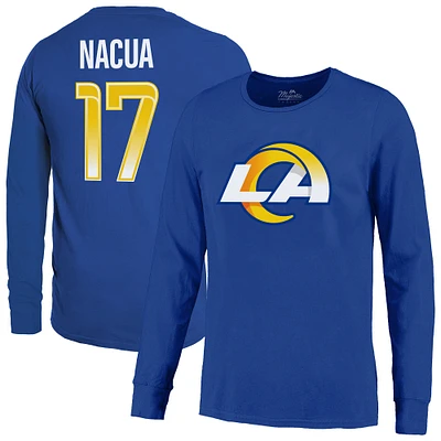 T-shirt à manches longues non vieilli pour homme Majestic Threads Puka Nacua Royal Los Angeles Rams avec nom et numéro