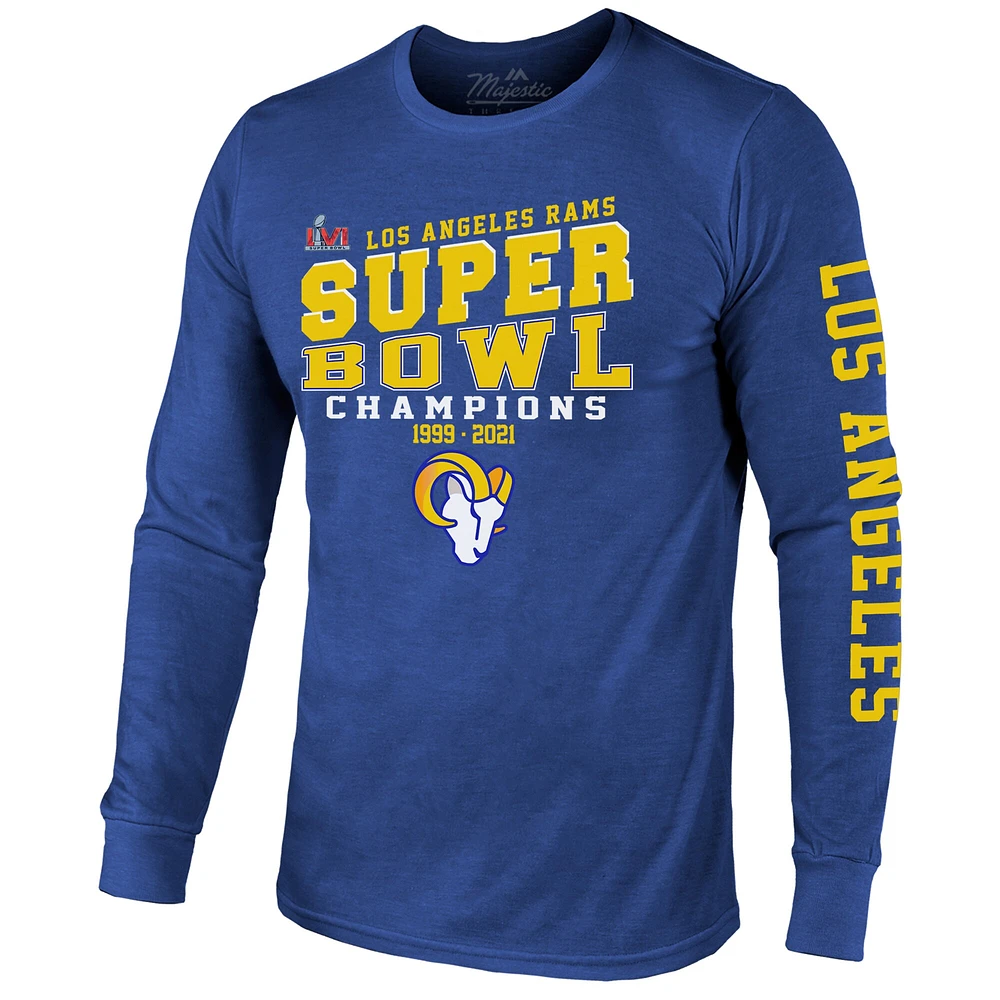 T-shirt à manches longues pour homme Majestic Threads Royal Los Angeles Rams 2 fois champions du Super Bowl Loudmouth