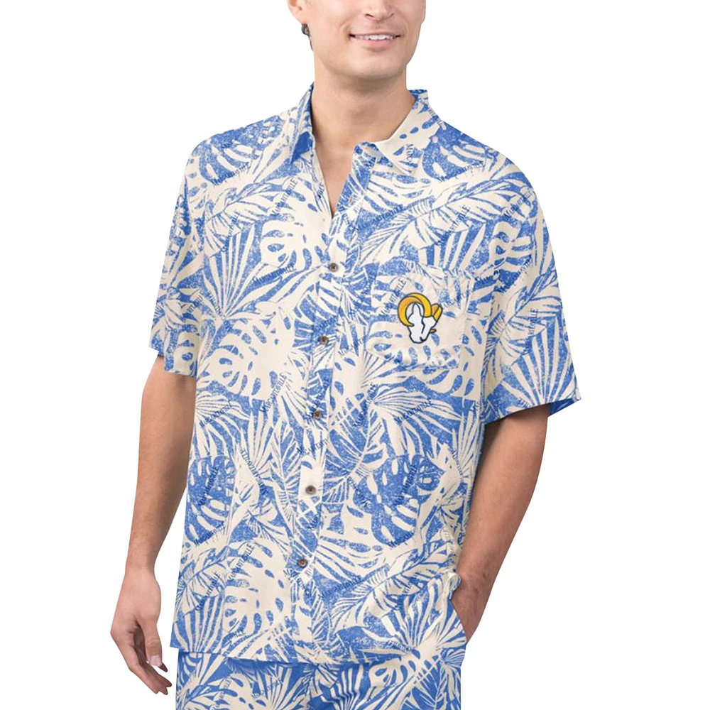 Chemise boutonnée de fête à imprimé Monstera délavée au sable Margaritaville Royal Los Angeles Rams pour hommes