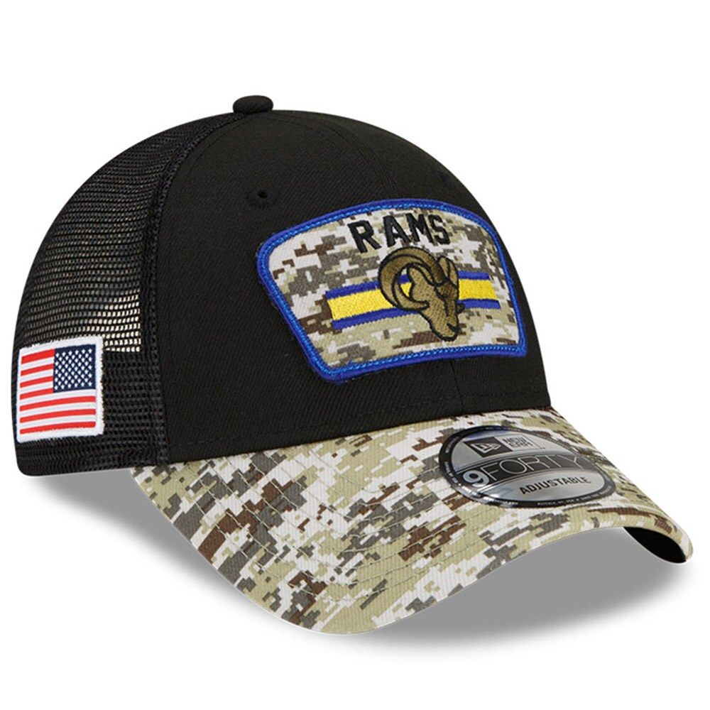 Men's New Era Black/Camo Los Angeles Rams 2021 Salute To Service Trucker 9FORTY Snapback Adjustable Hat