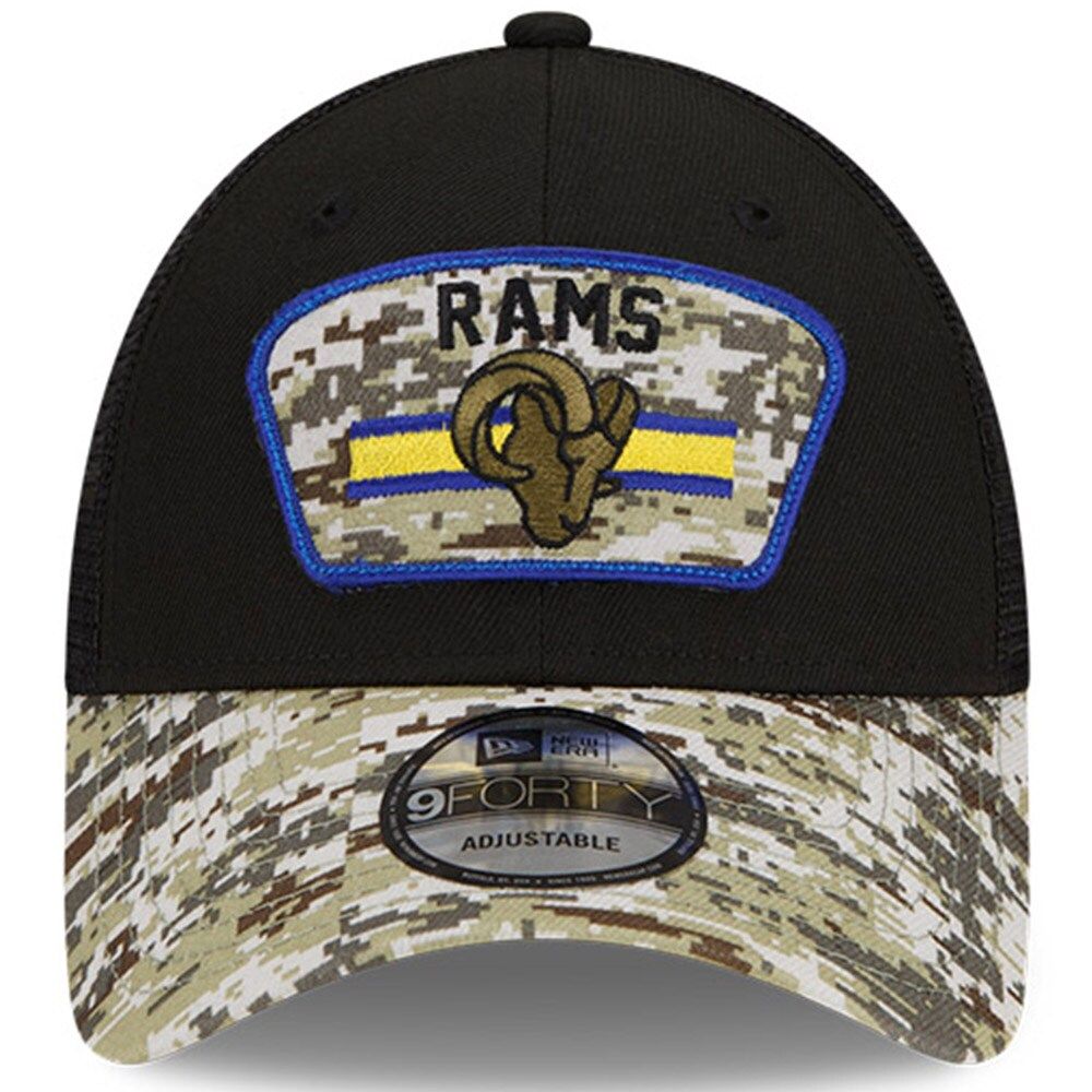 Men's New Era Black/Camo Los Angeles Rams 2021 Salute To Service Trucker 9FORTY Snapback Adjustable Hat