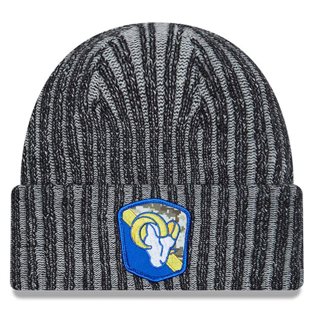 Bonnet en tricot à revers Salute To Service New Era noir des Los Angeles Rams 2023 pour hommes