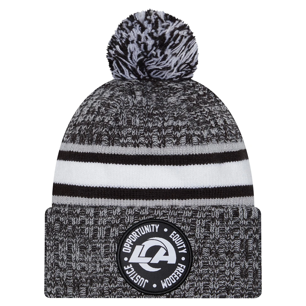 Bonnet en tricot à revers Inspire Change New Era noir des Los Angeles Rams pour hommes avec pompon